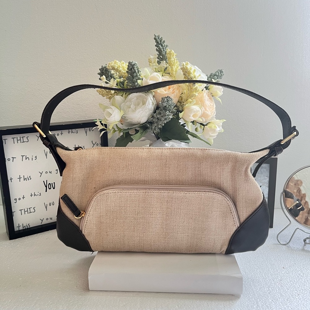 Minicci Y2K Vintage Style Shoulder Bag Cream Linen Canvas Brown Leather Trim